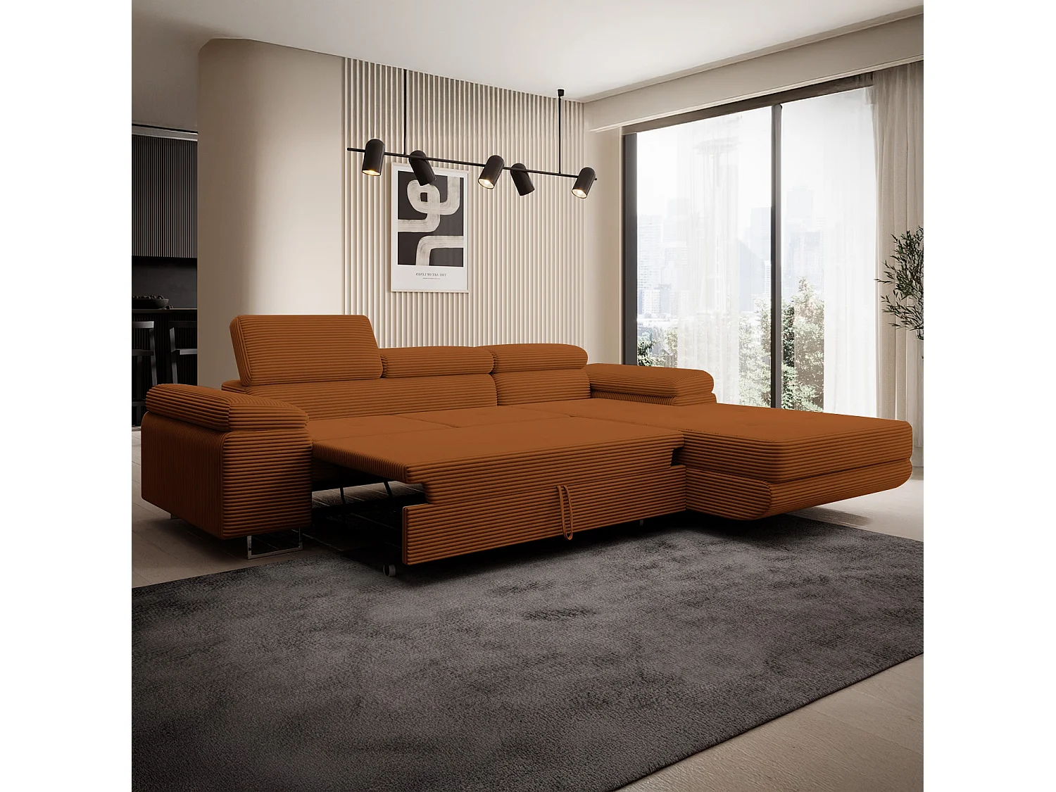 Canapé d'angle droit convertible Alphonso velours côtelé Terracotta