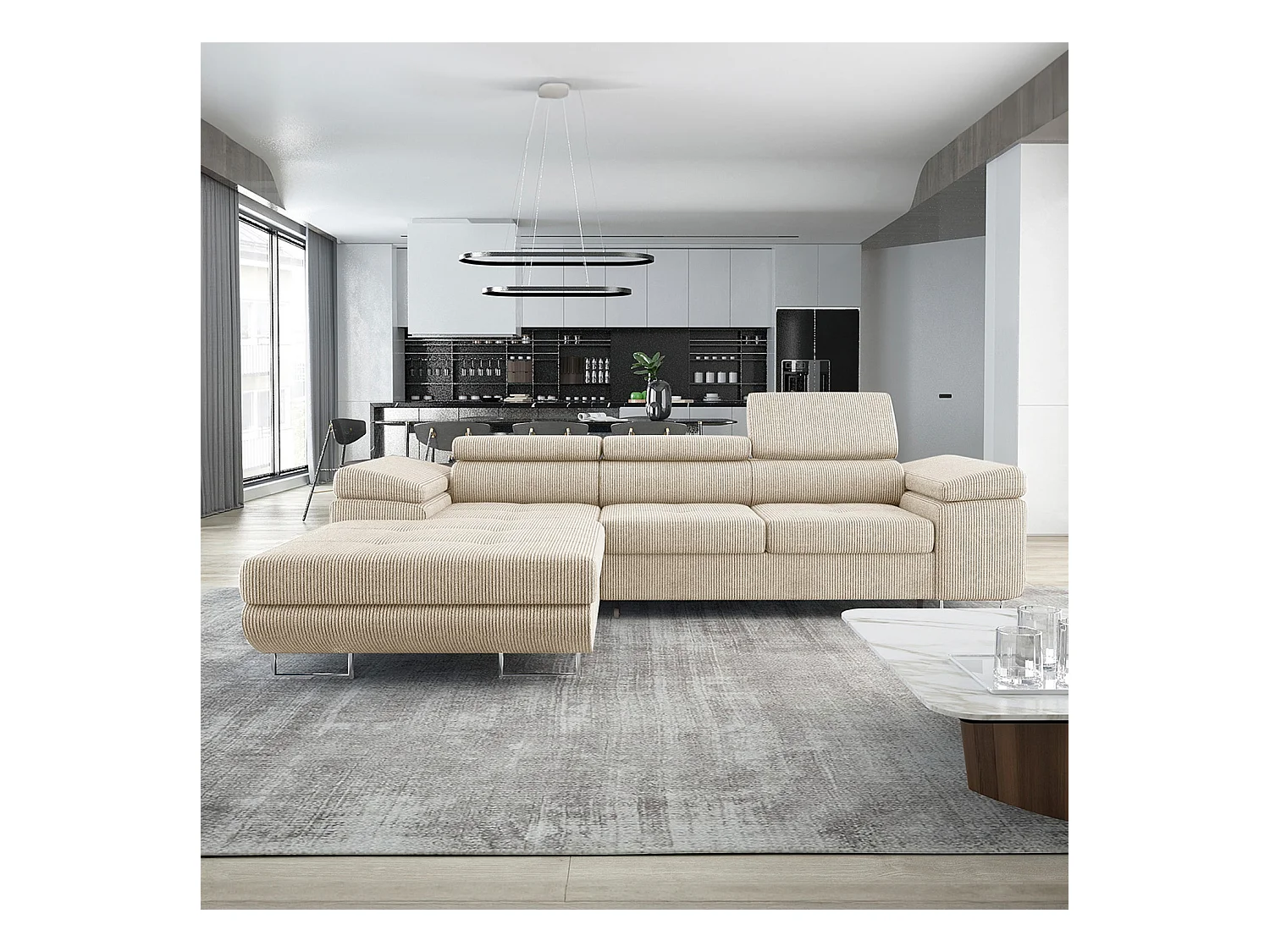 Canapé d'angle gauche convertible Alphonso velours côtelé Beige