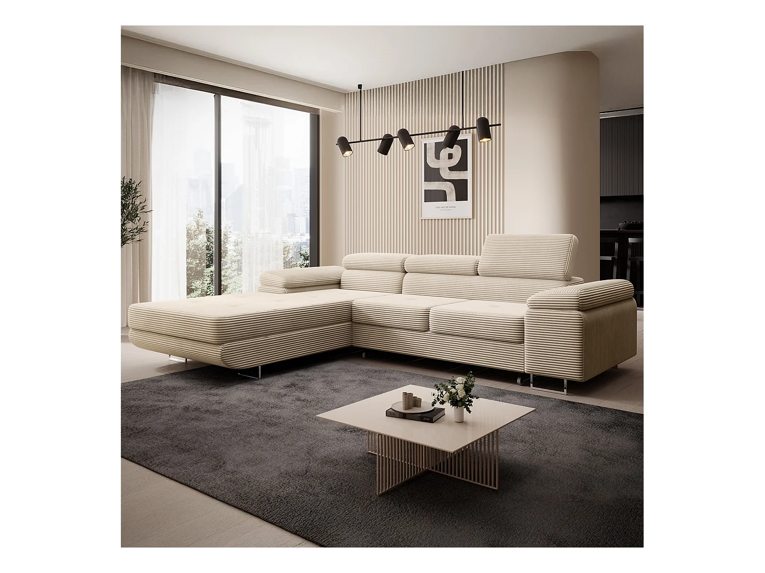 Canapé d'angle gauche convertible Alphonso velours côtelé Beige