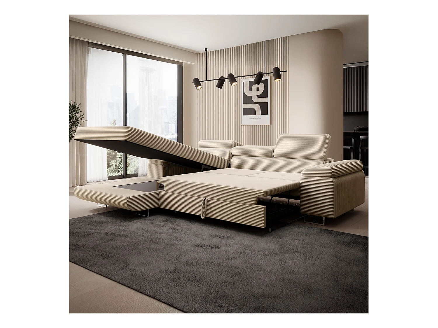 Canapé d'angle gauche convertible Alphonso velours côtelé Beige