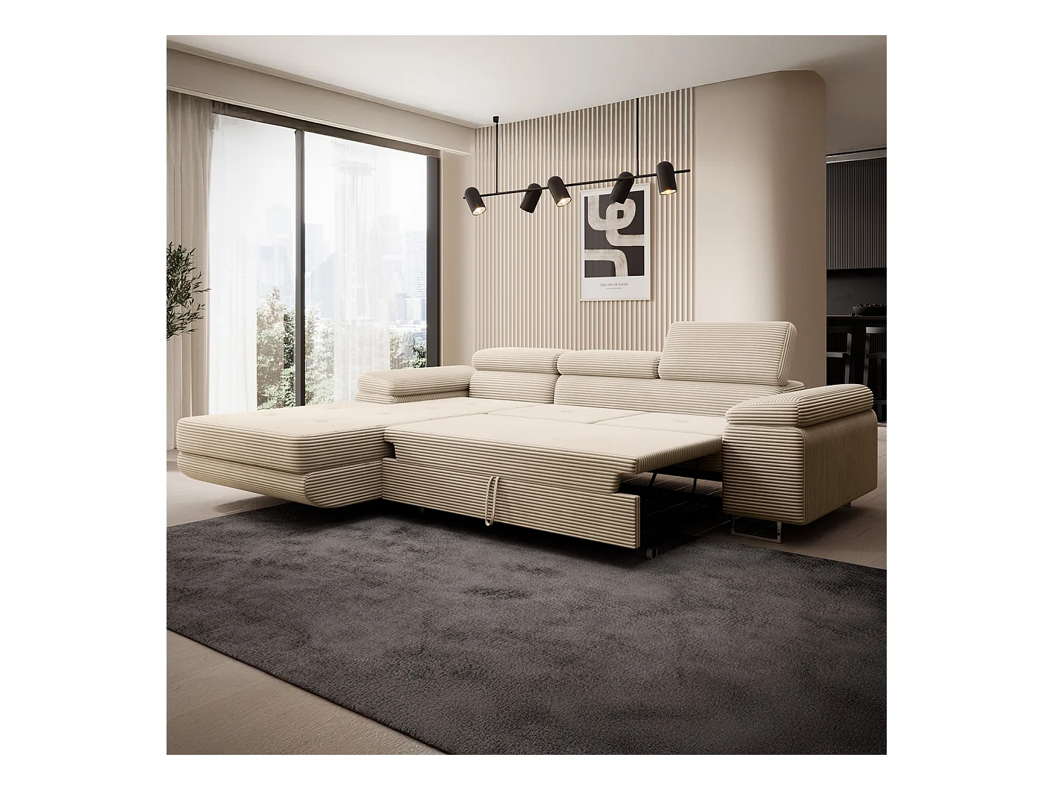 Canapé d'angle gauche convertible Alphonso velours côtelé Beige