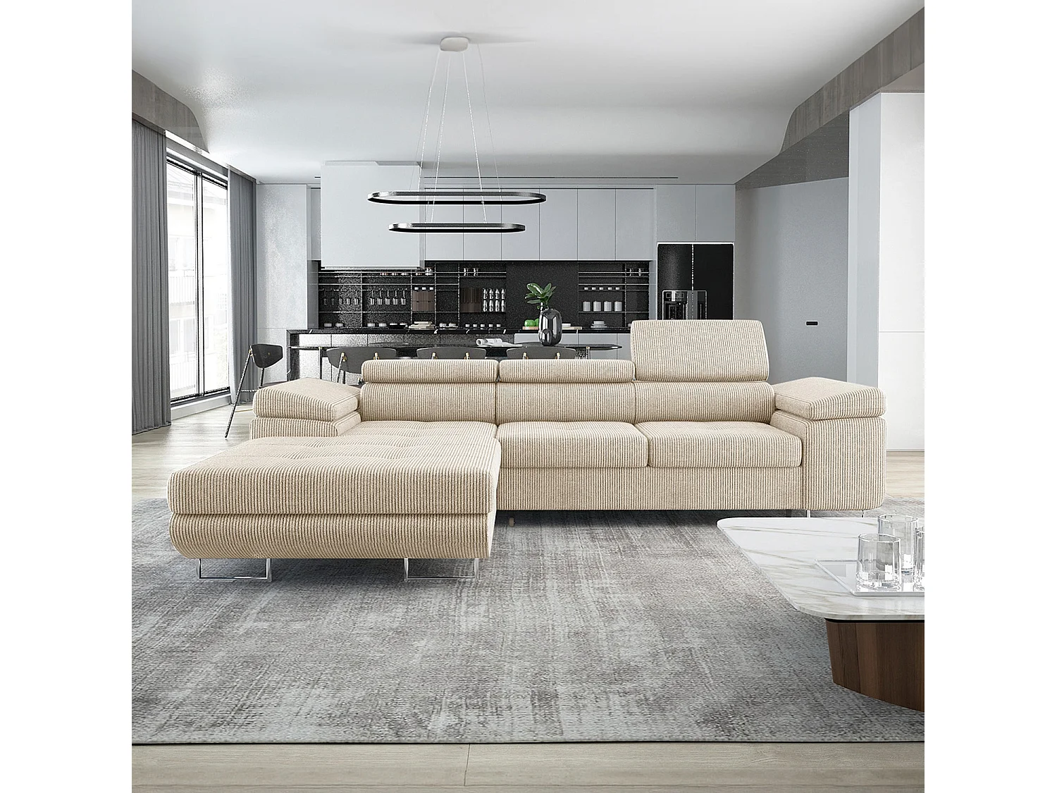 Canapé d'angle gauche convertible Alphonso velours côtelé Beige