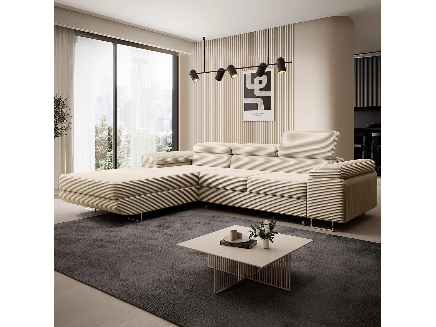 Canapé d'angle gauche convertible Alphonso velours côtelé Beige