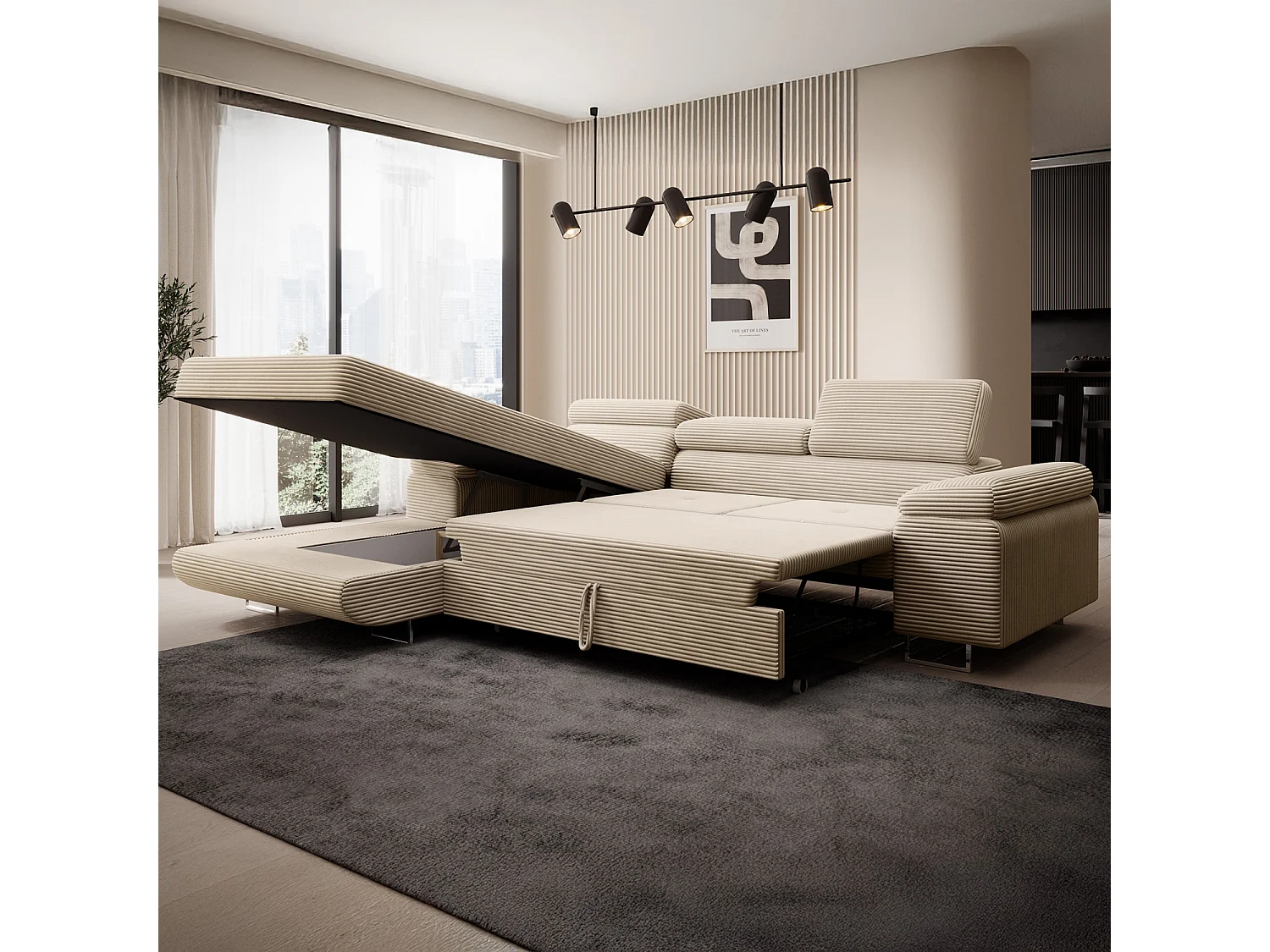 Canapé d'angle gauche convertible Alphonso velours côtelé Beige