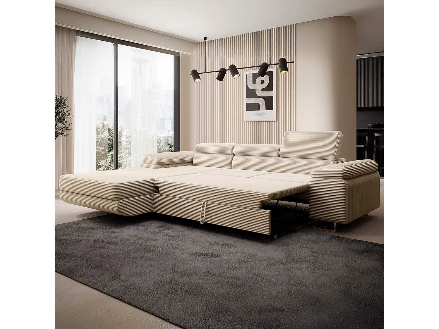 Canapé d'angle gauche convertible Alphonso velours côtelé Beige