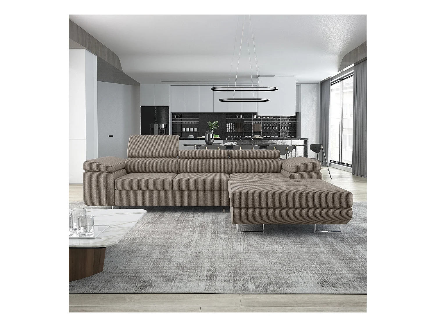 Canapé d'angle droit convertible Alphonso velours côtelé Taupe