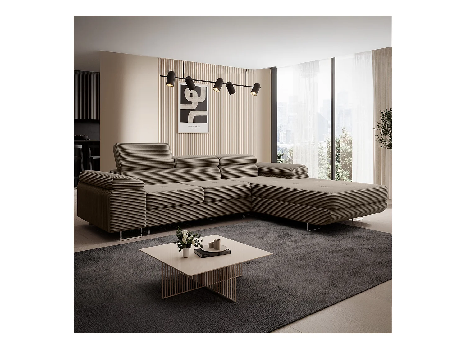 Canapé d'angle droit convertible Alphonso velours côtelé Taupe