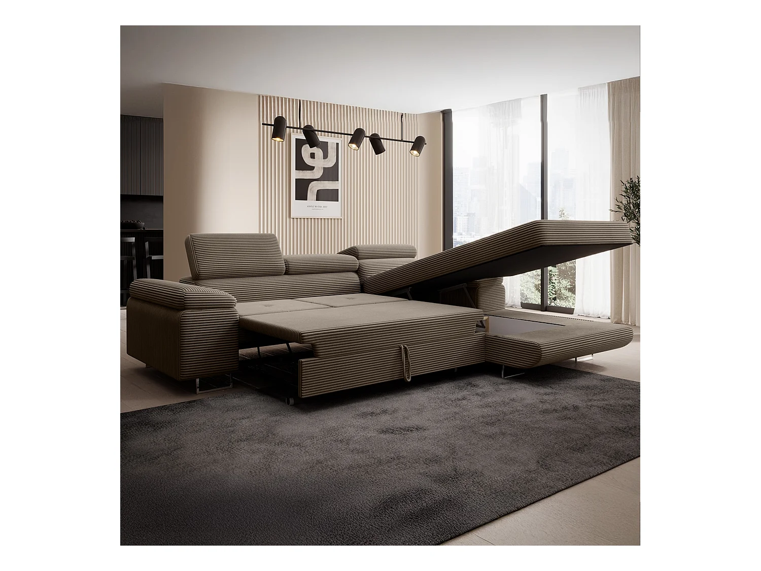 Canapé d'angle droit convertible Alphonso velours côtelé Taupe