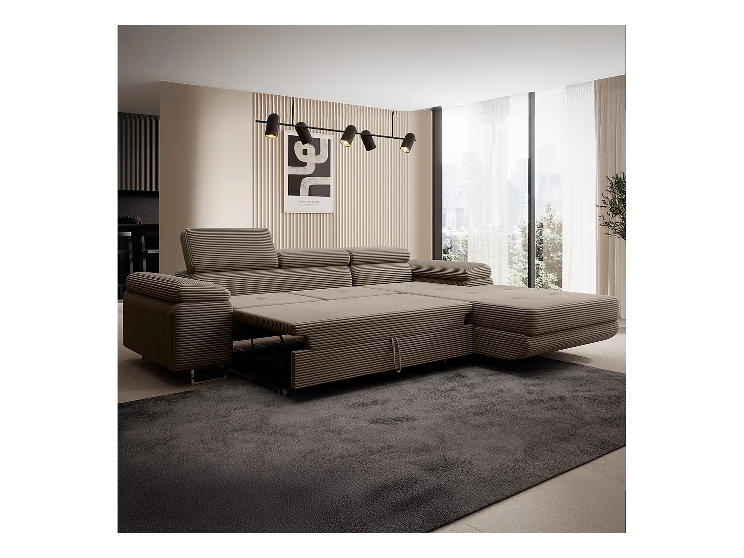 Canapé d'angle droit convertible Alphonso velours côtelé Taupe