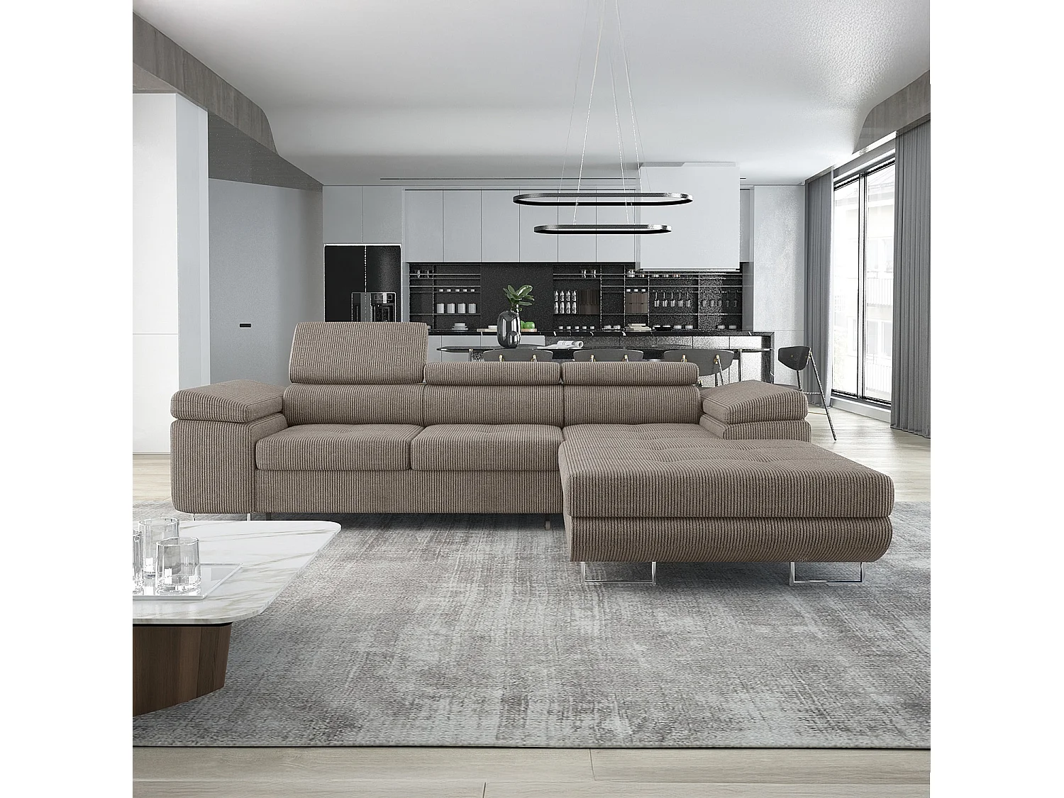 Canapé d'angle droit convertible Alphonso velours côtelé Taupe