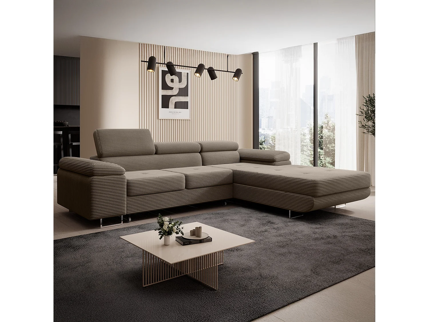 Canapé d'angle droit convertible Alphonso velours côtelé Taupe