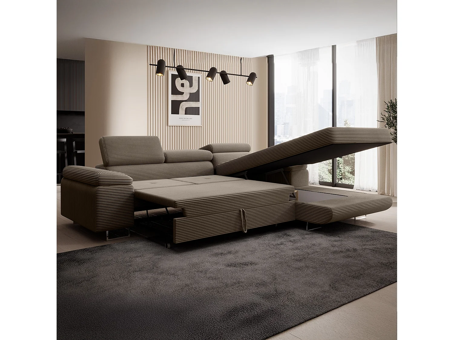 Canapé d'angle droit convertible Alphonso velours côtelé Taupe