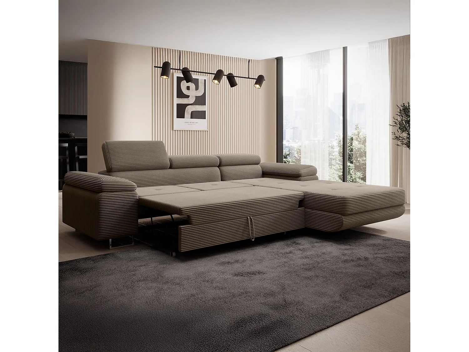 Canapé d'angle droit convertible Alphonso velours côtelé Taupe