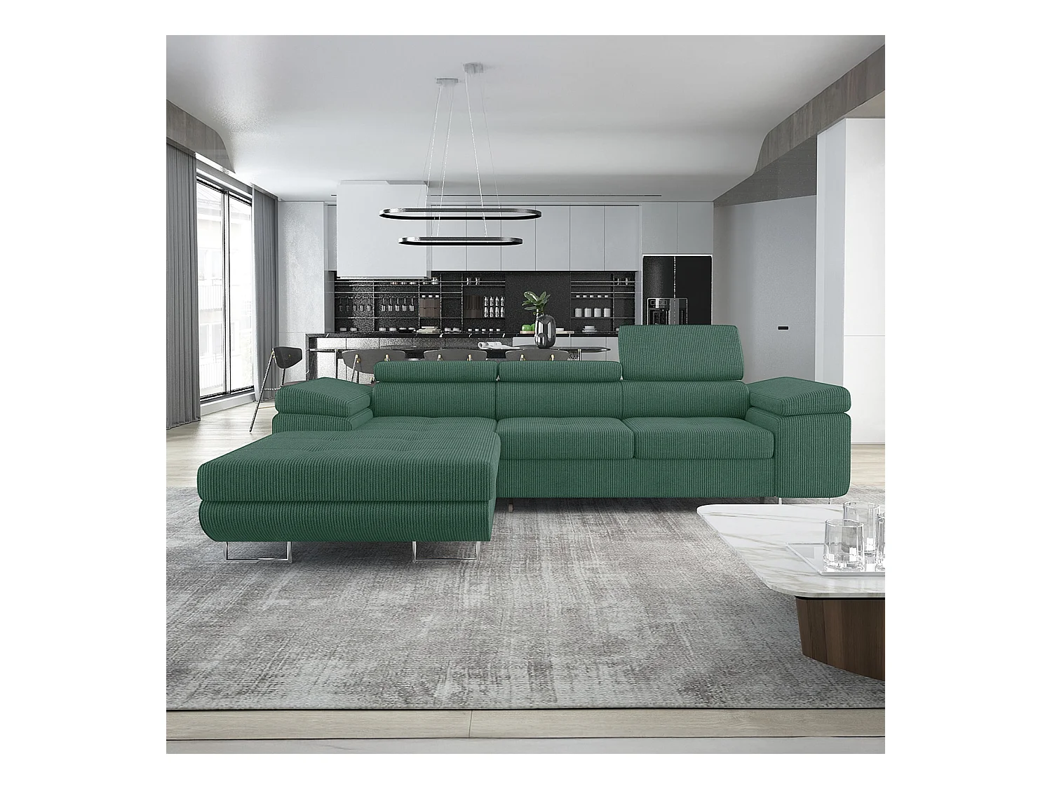 Canapé d'angle gauche convertible Alphonso velours côtelé Vert