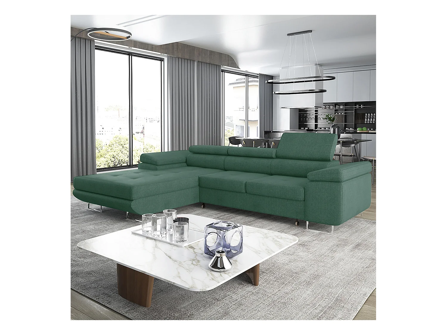 Canapé d'angle gauche convertible Alphonso velours côtelé Vert