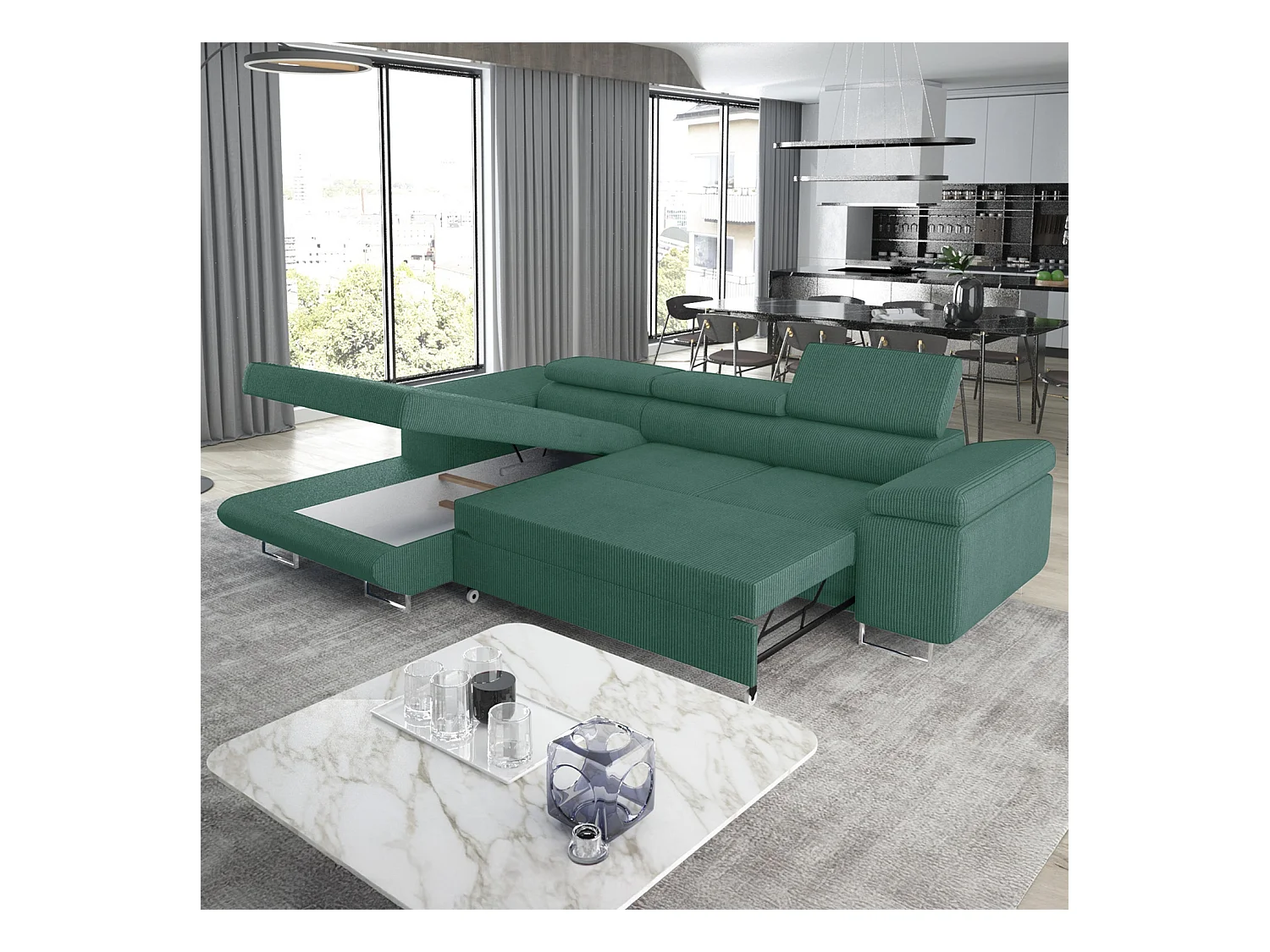 Canapé d'angle gauche convertible Alphonso velours côtelé Vert