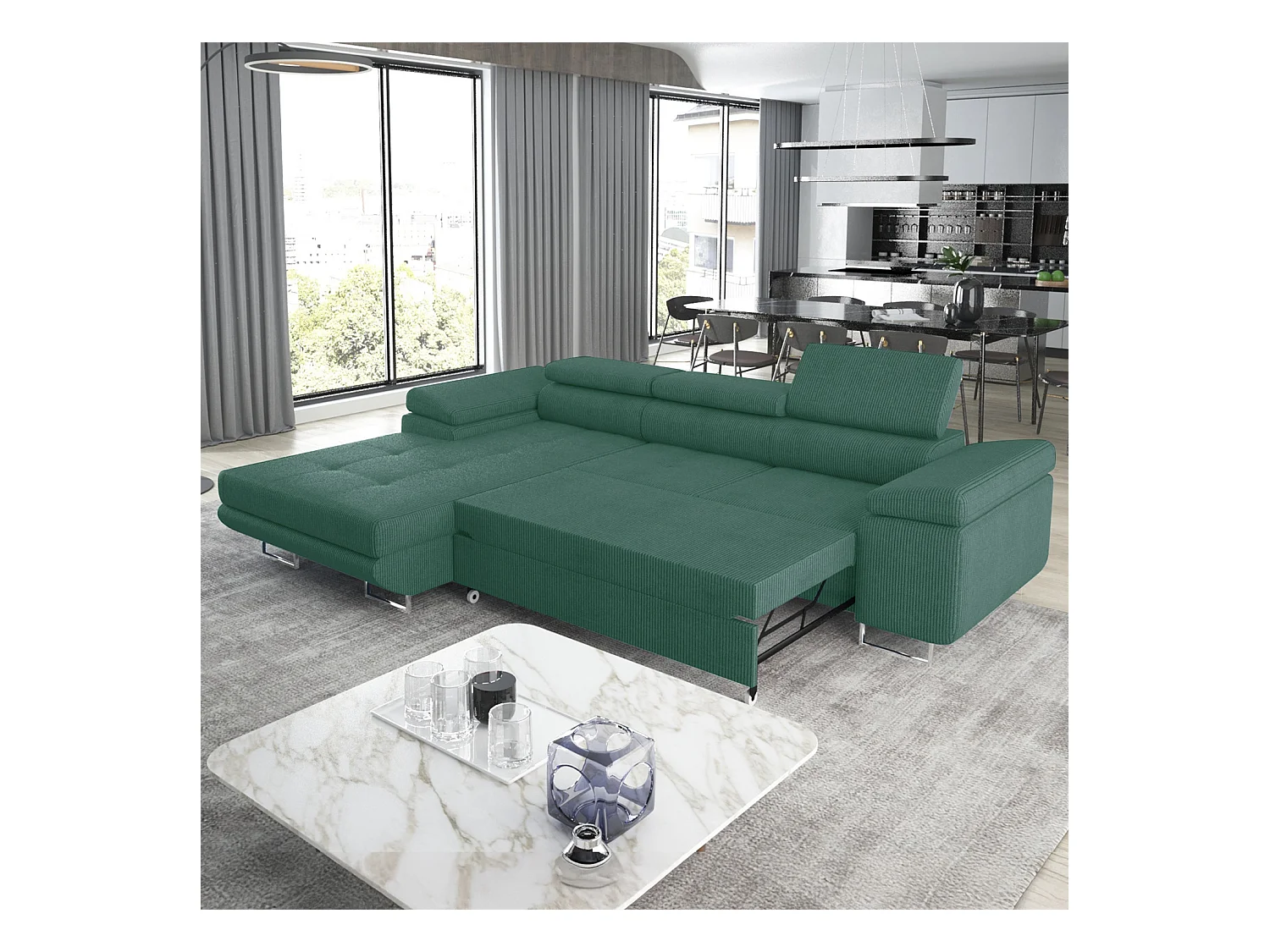 Canapé d'angle gauche convertible Alphonso velours côtelé Vert