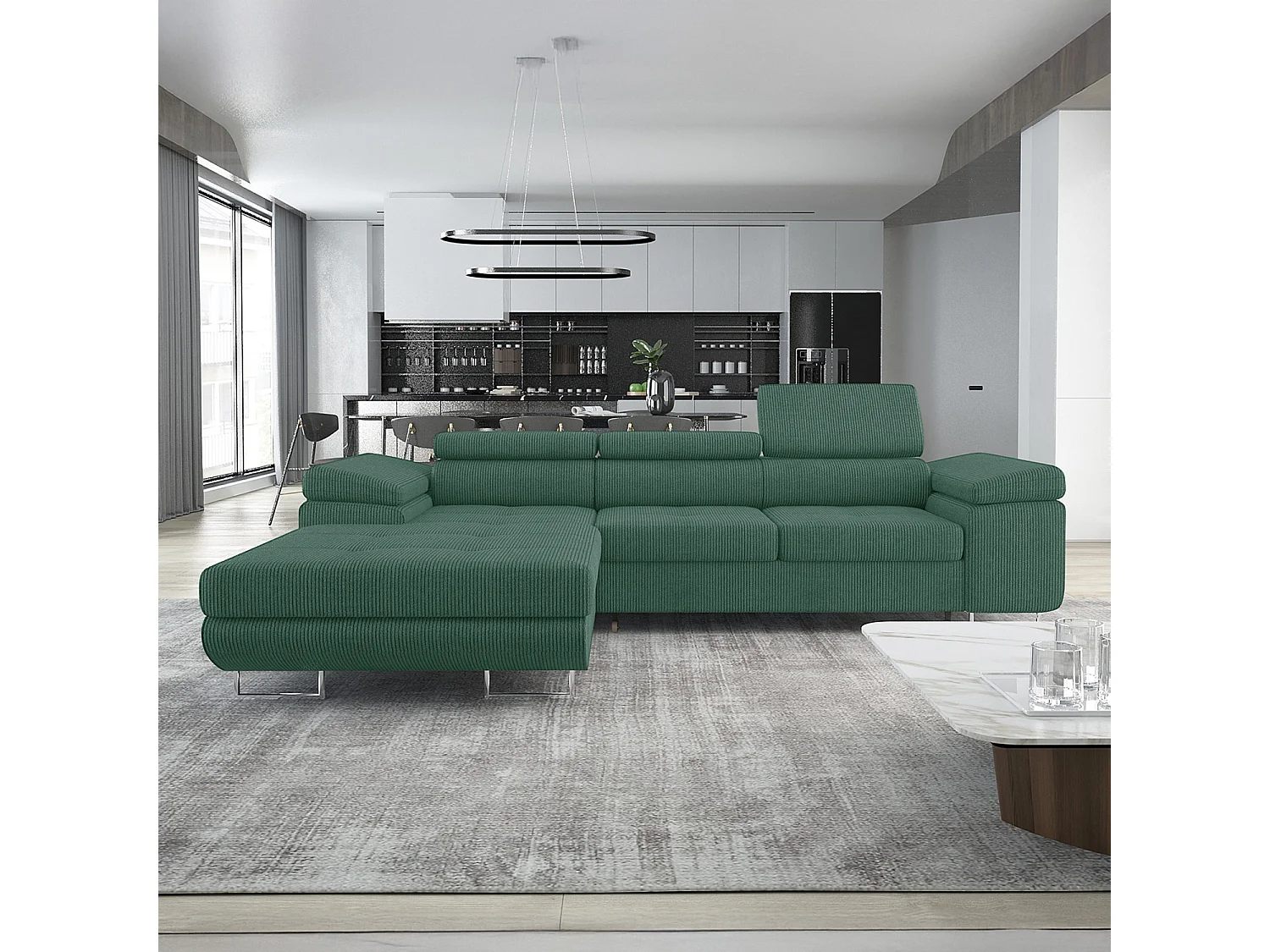 Canapé d'angle gauche convertible Alphonso velours côtelé Vert