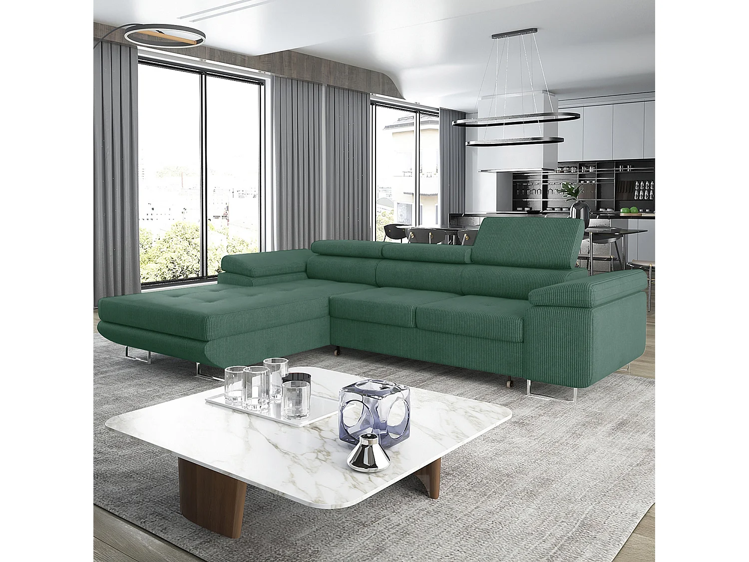 Canapé d'angle gauche convertible Alphonso velours côtelé Vert