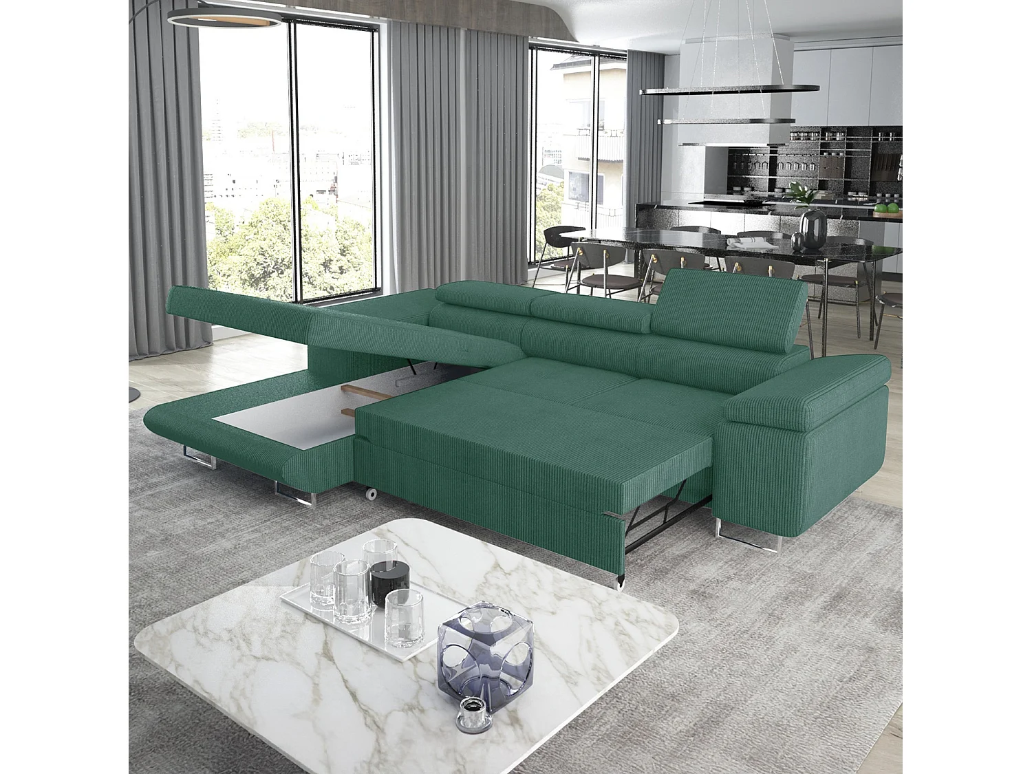 Canapé d'angle gauche convertible Alphonso velours côtelé Vert