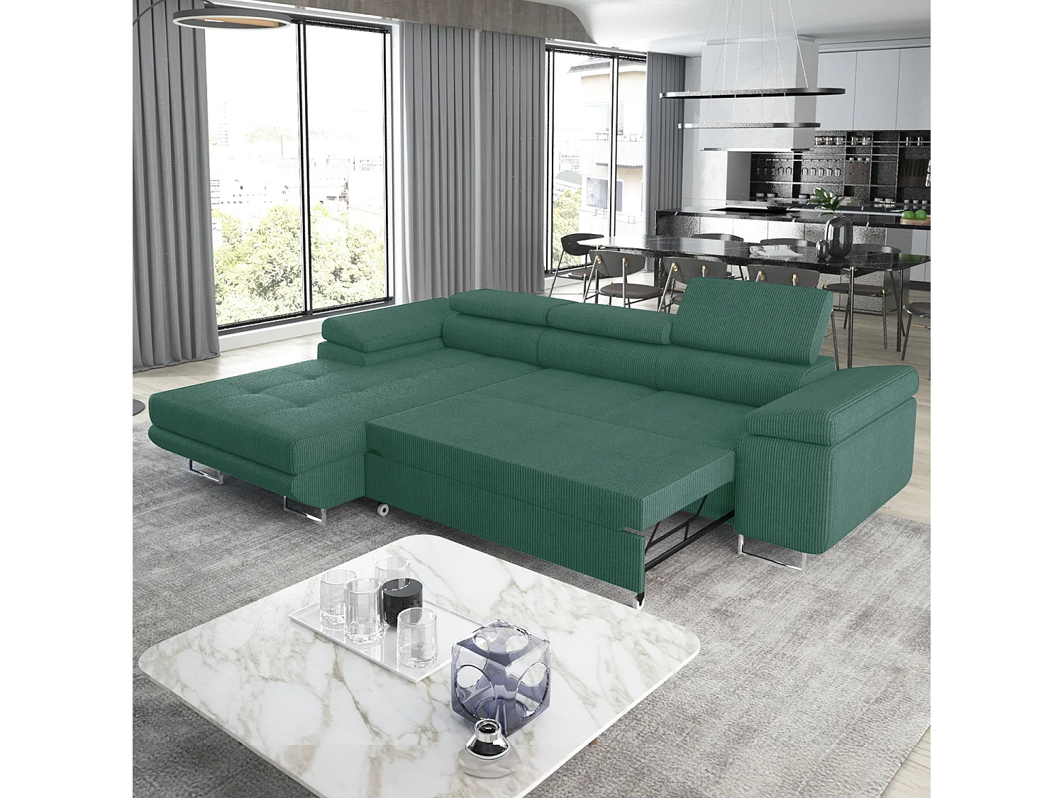 Canapé d'angle gauche convertible Alphonso velours côtelé Vert