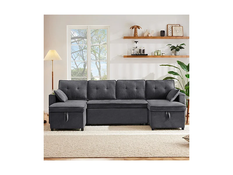 Canapé d'angle convertible avec 2 Coffres, Oreiller, Porte-gobelets - en Coton et Lin - 270×130×86cm - Gris