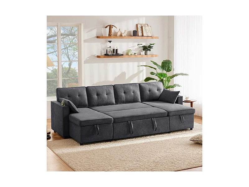 Canapé d'angle convertible avec 2 Coffres, Oreiller, Porte-gobelets - en Coton et Lin - 270×130×86cm - Gris