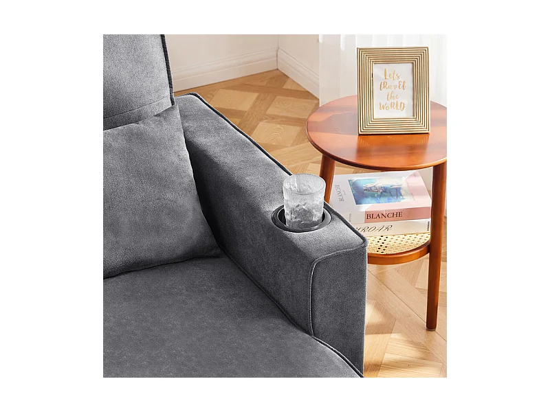 Canapé d'angle convertible avec 2 Coffres, Oreiller, Porte-gobelets - en Coton et Lin - 270×130×86cm - Gris