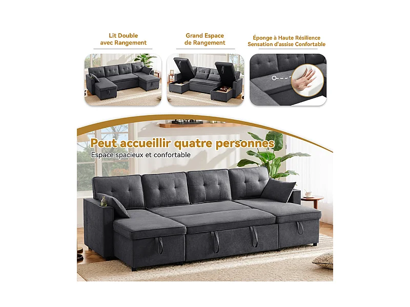 Canapé d'angle convertible avec 2 Coffres, Oreiller, Porte-gobelets - en Coton et Lin - 270×130×86cm - Gris