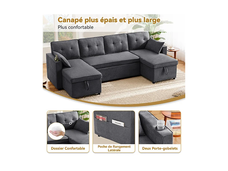 Canapé d'angle convertible avec 2 Coffres, Oreiller, Porte-gobelets - en Coton et Lin - 270×130×86cm - Gris
