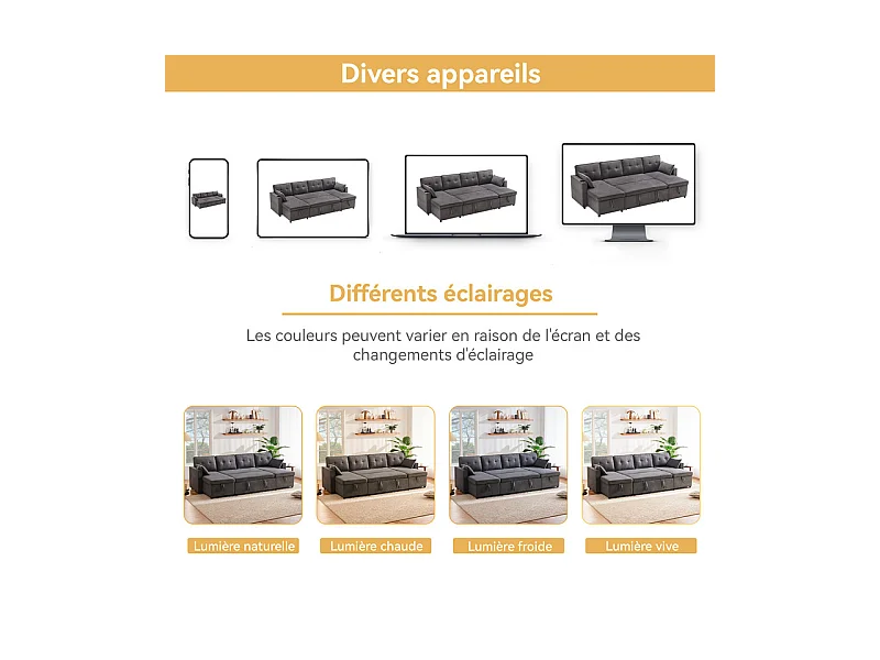 Canapé d'angle convertible avec 2 Coffres, Oreiller, Porte-gobelets - en Coton et Lin - 270×130×86cm - Gris