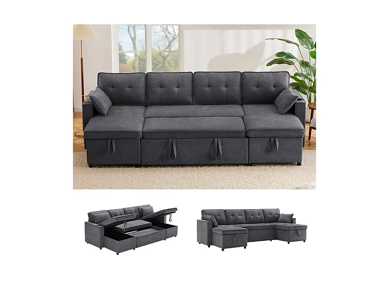Canapé d'angle convertible avec 2 Coffres, Oreiller, Porte-gobelets - en Coton et Lin - 270×130×86cm - Gris