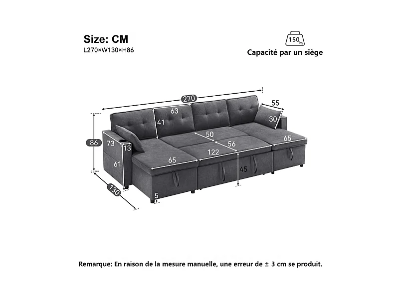 Canapé d'angle convertible avec 2 Coffres, Oreiller, Porte-gobelets - en Coton et Lin - 270×130×86cm - Gris
