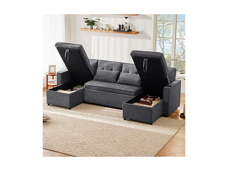 Canapé d'angle convertible avec 2 Coffres, Oreiller, Porte-gobelets - en Coton et Lin - 270×130×86cm - Gris