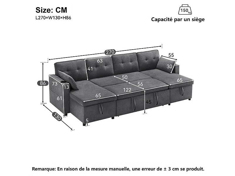 Canapé d'angle convertible avec 2 Coffres, Oreiller, Porte-gobelets - en Coton et Lin - 270×130×86cm - Gris