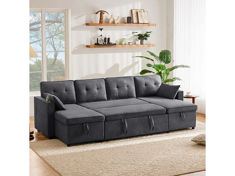 Canapé d'angle convertible avec 2 Coffres, Oreiller, Porte-gobelets - en Coton et Lin - 270×130×86cm - Gris