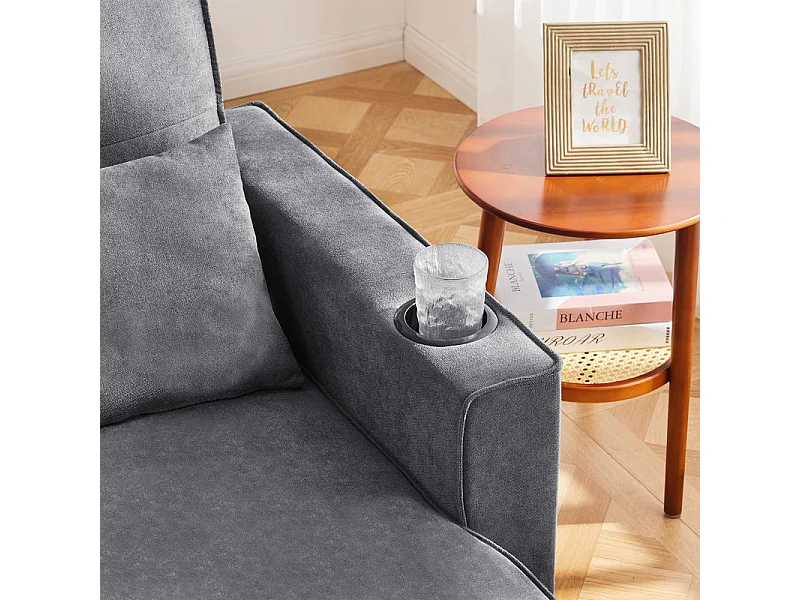 Canapé d'angle convertible avec 2 Coffres, Oreiller, Porte-gobelets - en Coton et Lin - 270×130×86cm - Gris