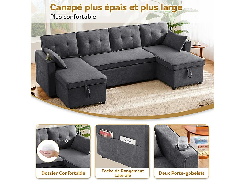 Canapé d'angle convertible avec 2 Coffres, Oreiller, Porte-gobelets - en Coton et Lin - 270×130×86cm - Gris