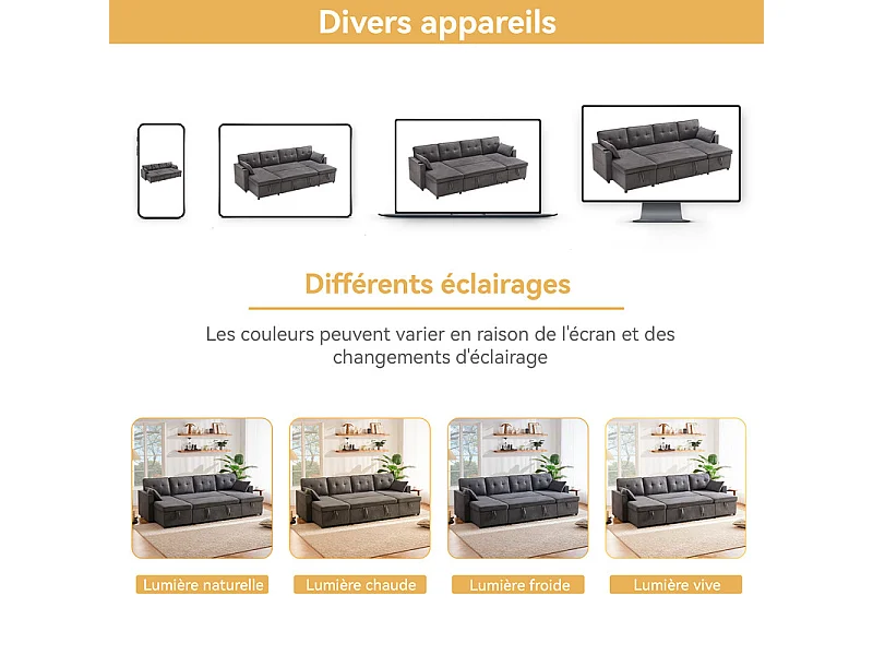 Canapé d'angle convertible avec 2 Coffres, Oreiller, Porte-gobelets - en Coton et Lin - 270×130×86cm - Gris