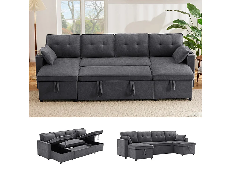 Sofá de esquina convertible con 2 cajones de almacenamiento, cojín y portavasos - Algodón y lino - 270×130×86 cm - Gris