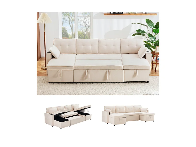 Canapé d'angle convertible avec 2 Coffres, Oreiller, Porte-gobelets - en Coton et Lin - 270×130×86cm - Beige