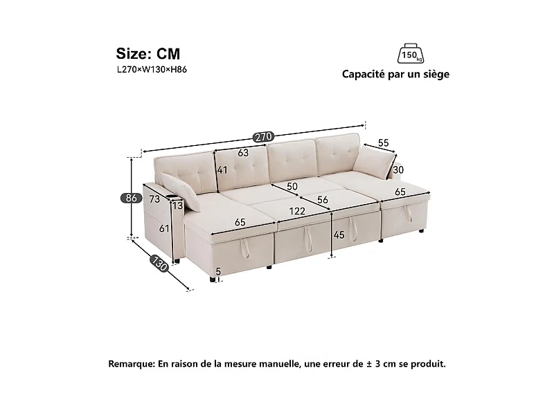 Canapé d'angle convertible avec 2 Coffres, Oreiller, Porte-gobelets - en Coton et Lin - 270×130×86cm - Beige