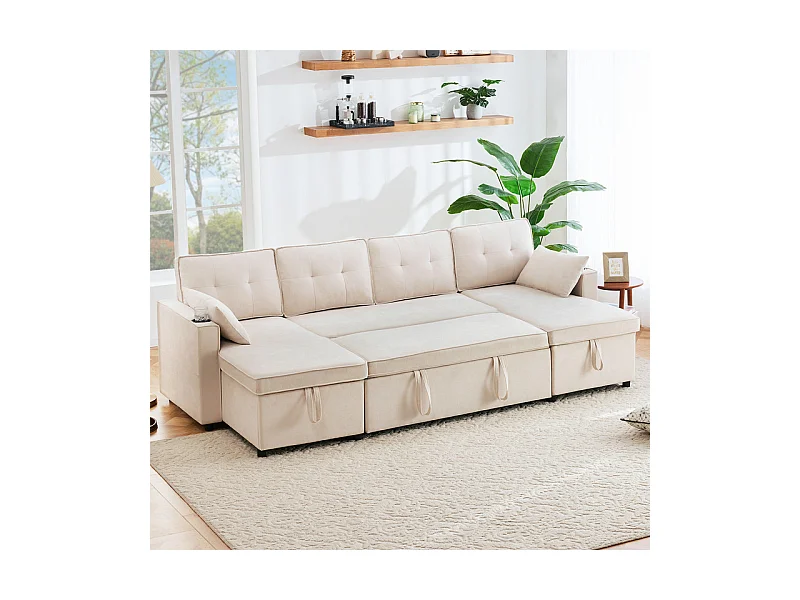 Canapé d'angle convertible avec 2 Coffres, Oreiller, Porte-gobelets - en Coton et Lin - 270×130×86cm - Beige