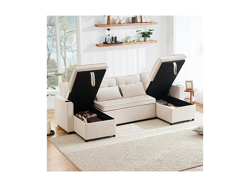 Canapé d'angle convertible avec 2 Coffres, Oreiller, Porte-gobelets - en Coton et Lin - 270×130×86cm - Beige