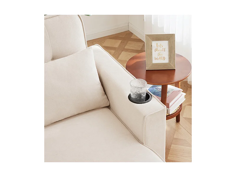 Canapé d'angle convertible avec 2 Coffres, Oreiller, Porte-gobelets - en Coton et Lin - 270×130×86cm - Beige