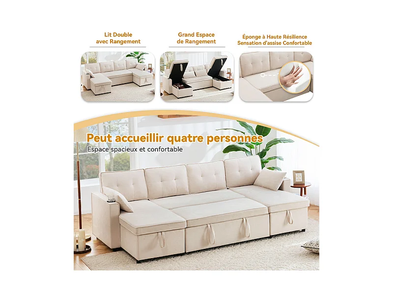 Canapé d'angle convertible avec 2 Coffres, Oreiller, Porte-gobelets - en Coton et Lin - 270×130×86cm - Beige