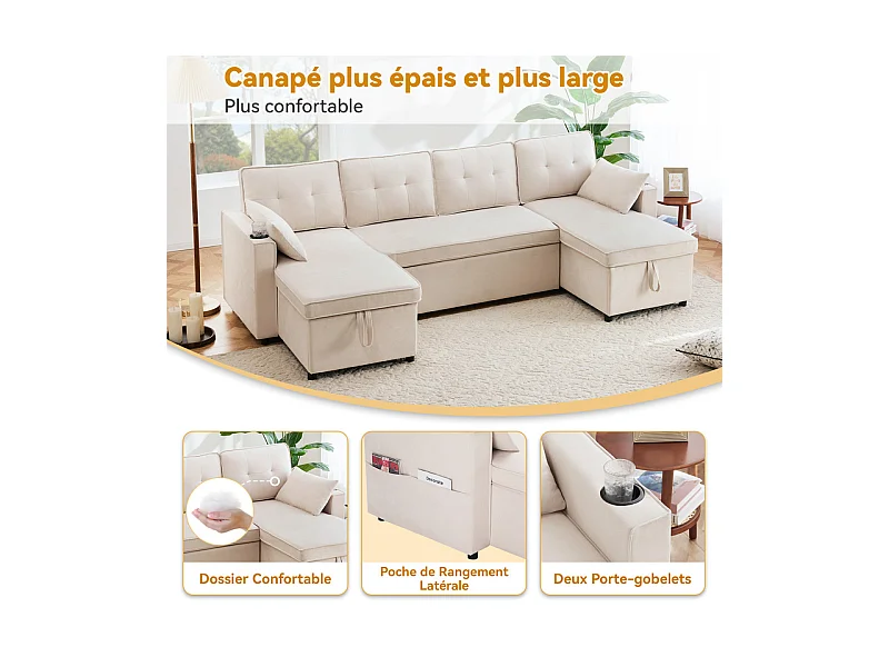 Canapé d'angle convertible avec 2 Coffres, Oreiller, Porte-gobelets - en Coton et Lin - 270×130×86cm - Beige