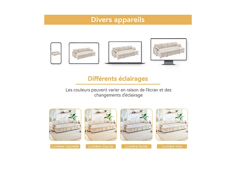 Canapé d'angle convertible avec 2 Coffres, Oreiller, Porte-gobelets - en Coton et Lin - 270×130×86cm - Beige