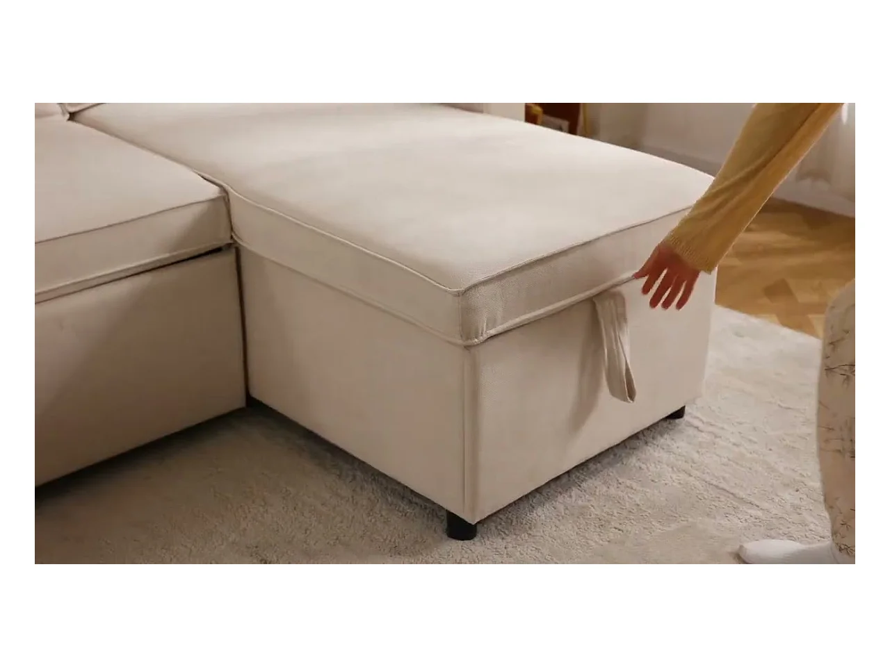 Canapé d'angle convertible avec 2 Coffres, Oreiller, Porte-gobelets - en Coton et Lin - 270×130×86cm - Beige