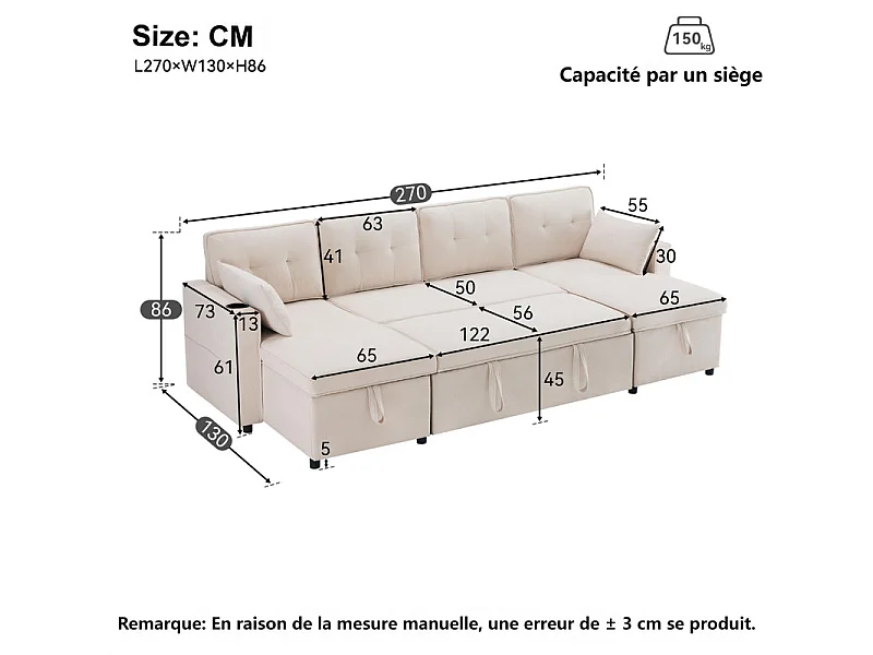 Canapé d'angle convertible avec 2 Coffres, Oreiller, Porte-gobelets - en Coton et Lin - 270×130×86cm - Beige